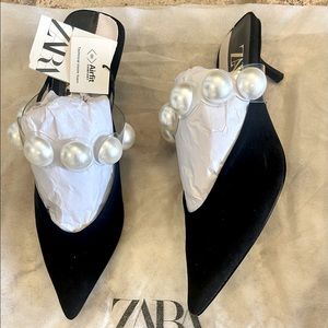 Zara black mules pearl clear strap